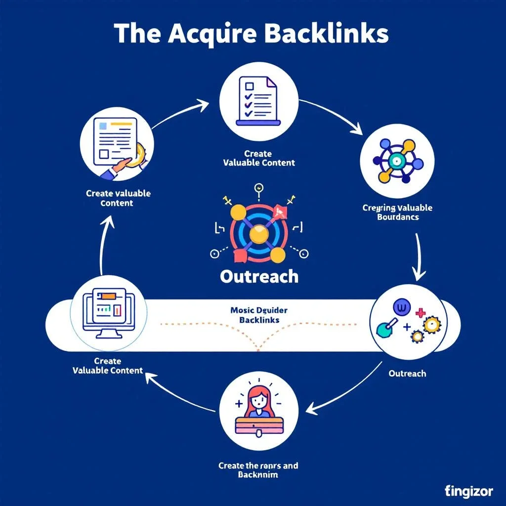 展示獲取反向連結過程的步驟與策略，包含創造有價值內容和外聯的清晰圖示